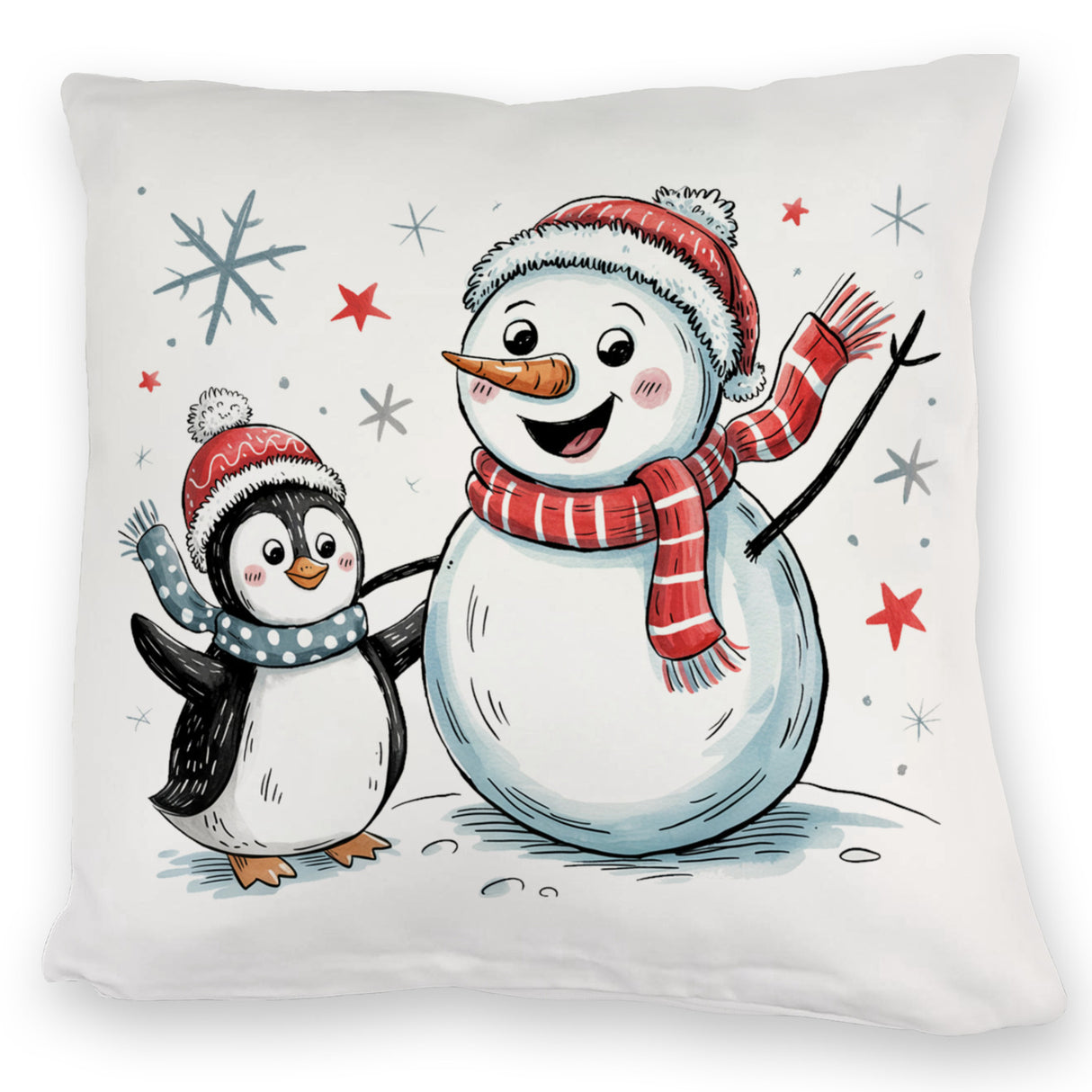 Schneemann und Pinguin mit Schneeflocken Kissen für Winterliebhaber