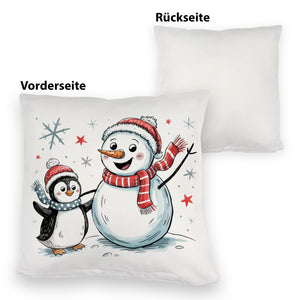 Schneemann und Pinguin mit Schneeflocken Kissen für Winterliebhaber