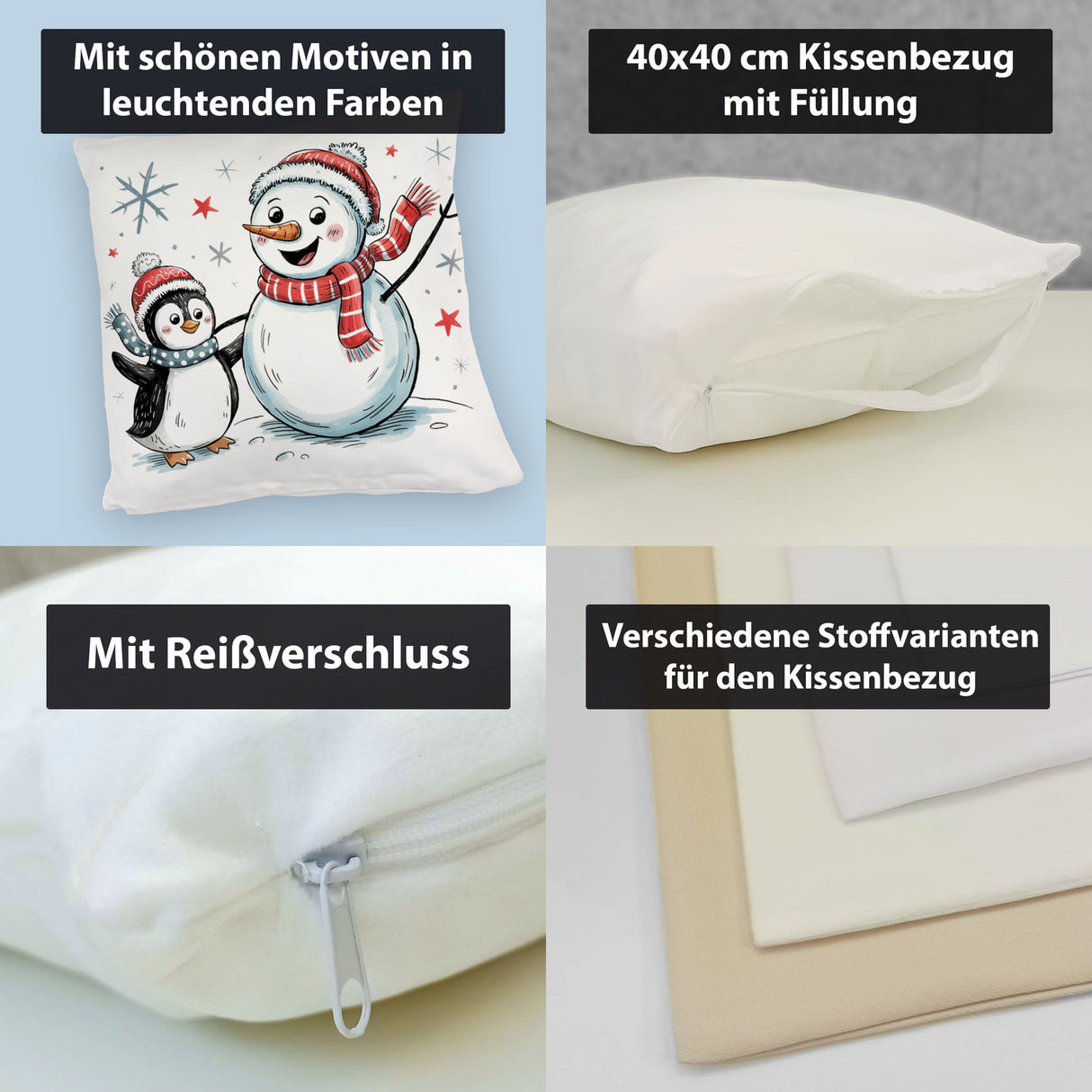 Schneemann und Pinguin mit Schneeflocken Kissen für Winterliebhaber