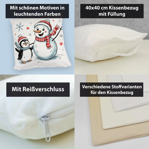 Schneemann und Pinguin mit Schneeflocken Kissen für Winterliebhaber