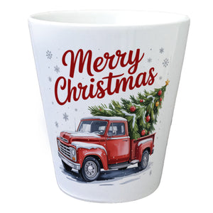 Merry Christmas Blumentopf mit Rotem Truck und Weihnachtsbaum