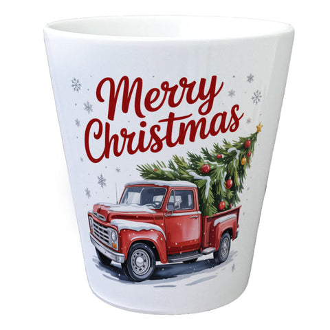 Merry Christmas Blumentopf mit Rotem Truck und Weihnachtsbaum