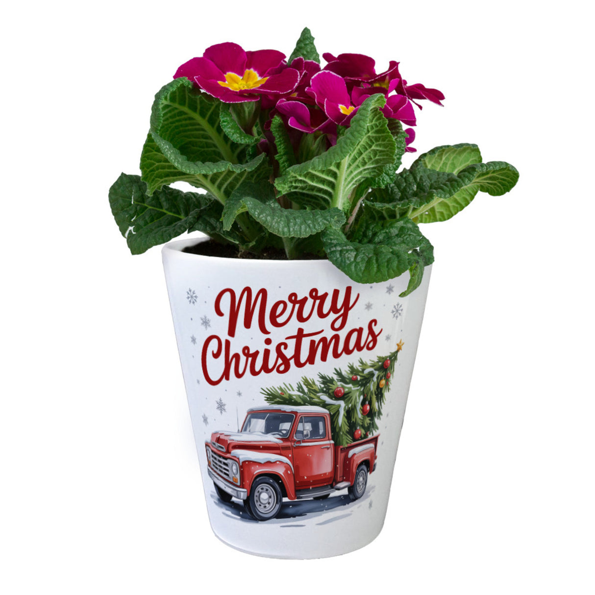 Merry Christmas Blumentopf mit Rotem Truck und Weihnachtsbaum