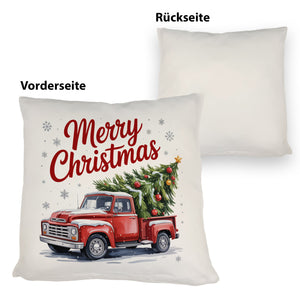 Merry Christmas Kissen mit Rotem Truck und Weihnachtsbaum