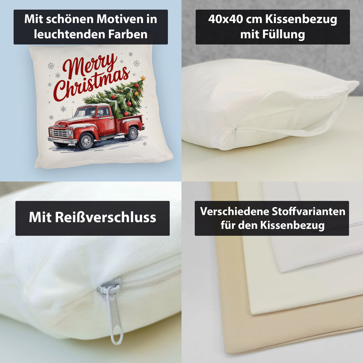 Merry Christmas Kissen mit Rotem Truck und Weihnachtsbaum