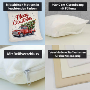 Merry Christmas Kissen mit Rotem Truck und Weihnachtsbaum