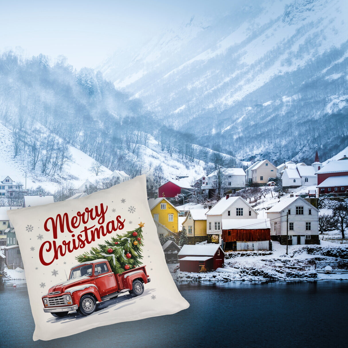 Merry Christmas Kissen mit Rotem Truck und Weihnachtsbaum