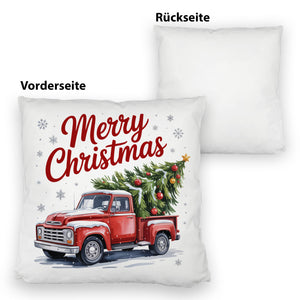Merry Christmas Kissen mit Rotem Truck und Weihnachtsbaum