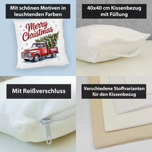 Merry Christmas Kissen mit Rotem Truck und Weihnachtsbaum