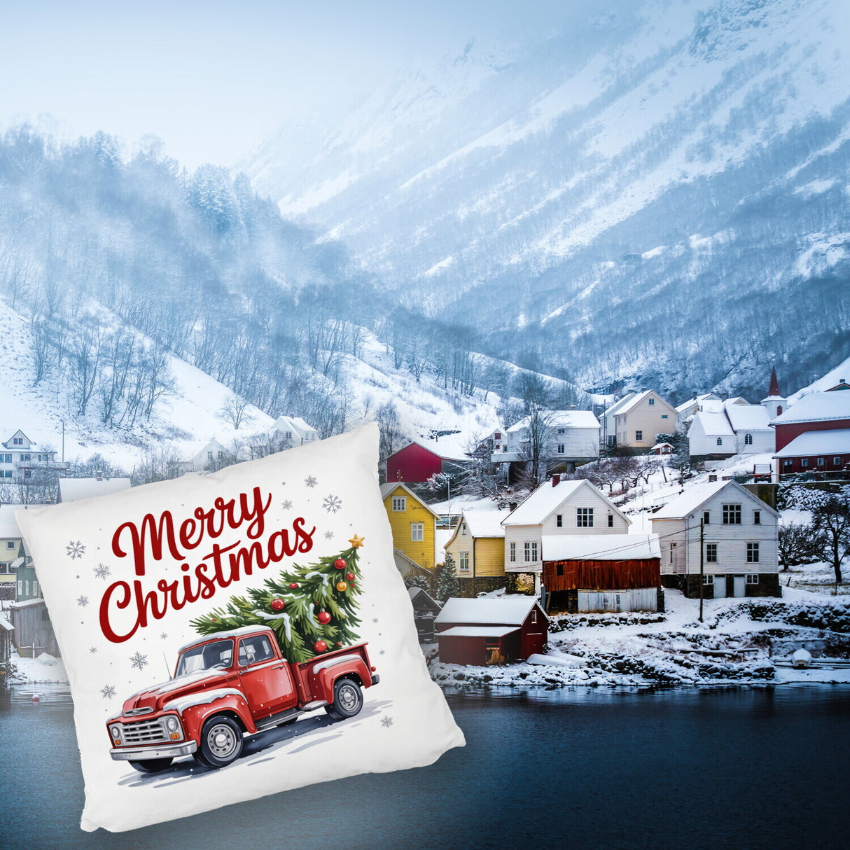 Merry Christmas Kissen mit Rotem Truck und Weihnachtsbaum
