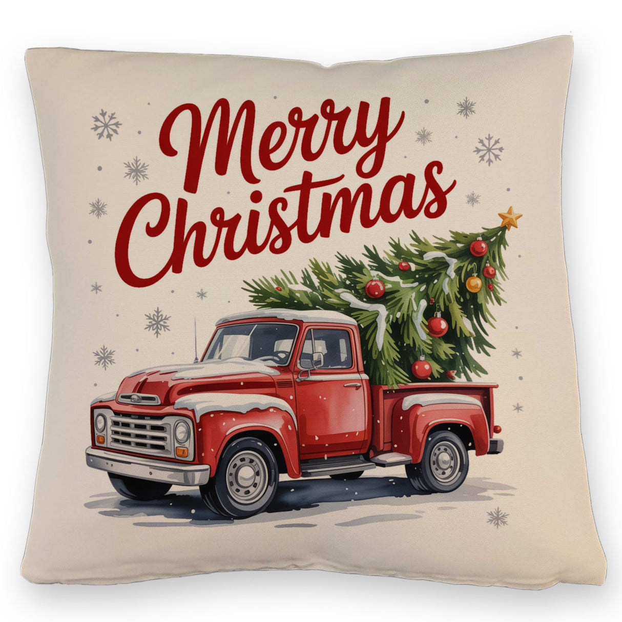Merry Christmas Kissen mit Rotem Truck und Weihnachtsbaum