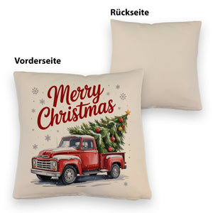 Merry Christmas Kissen mit Rotem Truck und Weihnachtsbaum