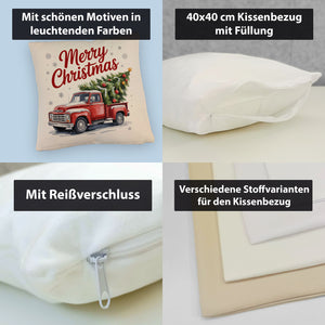 Merry Christmas Kissen mit Rotem Truck und Weihnachtsbaum