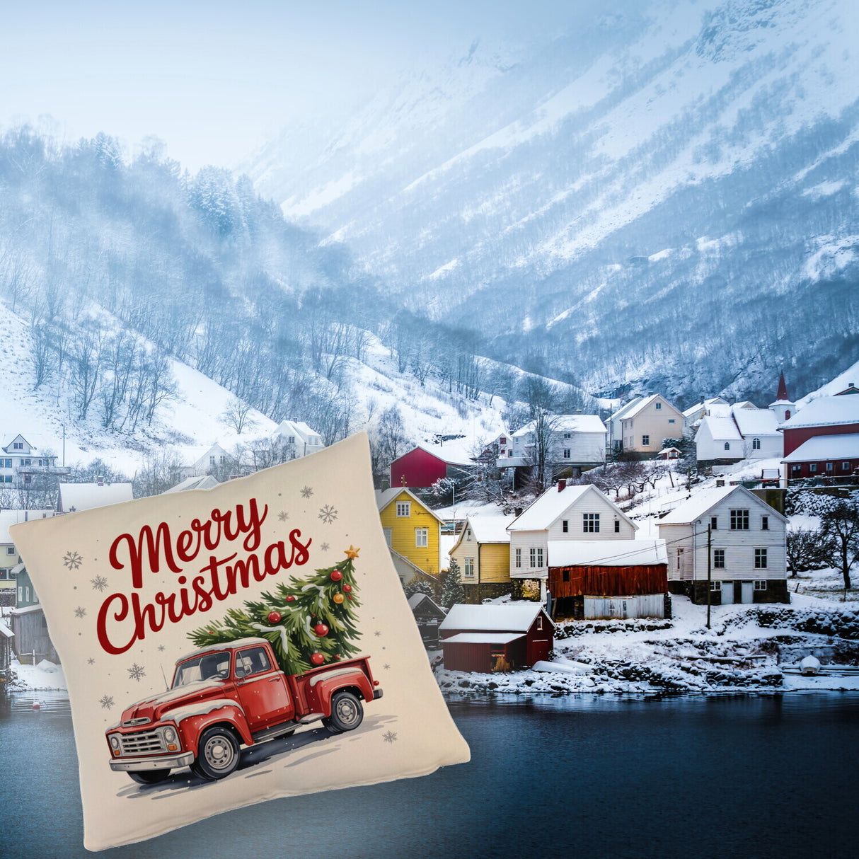 Merry Christmas Kissen mit Rotem Truck und Weihnachtsbaum