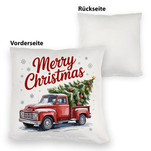 Merry Christmas Kissen mit Rotem Truck und Weihnachtsbaum