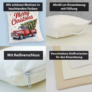 Merry Christmas Kissen mit Rotem Truck und Weihnachtsbaum
