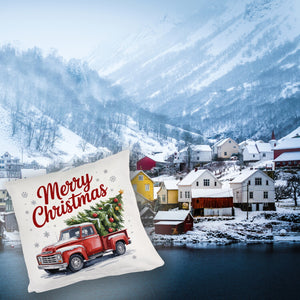 Merry Christmas Kissen mit Rotem Truck und Weihnachtsbaum