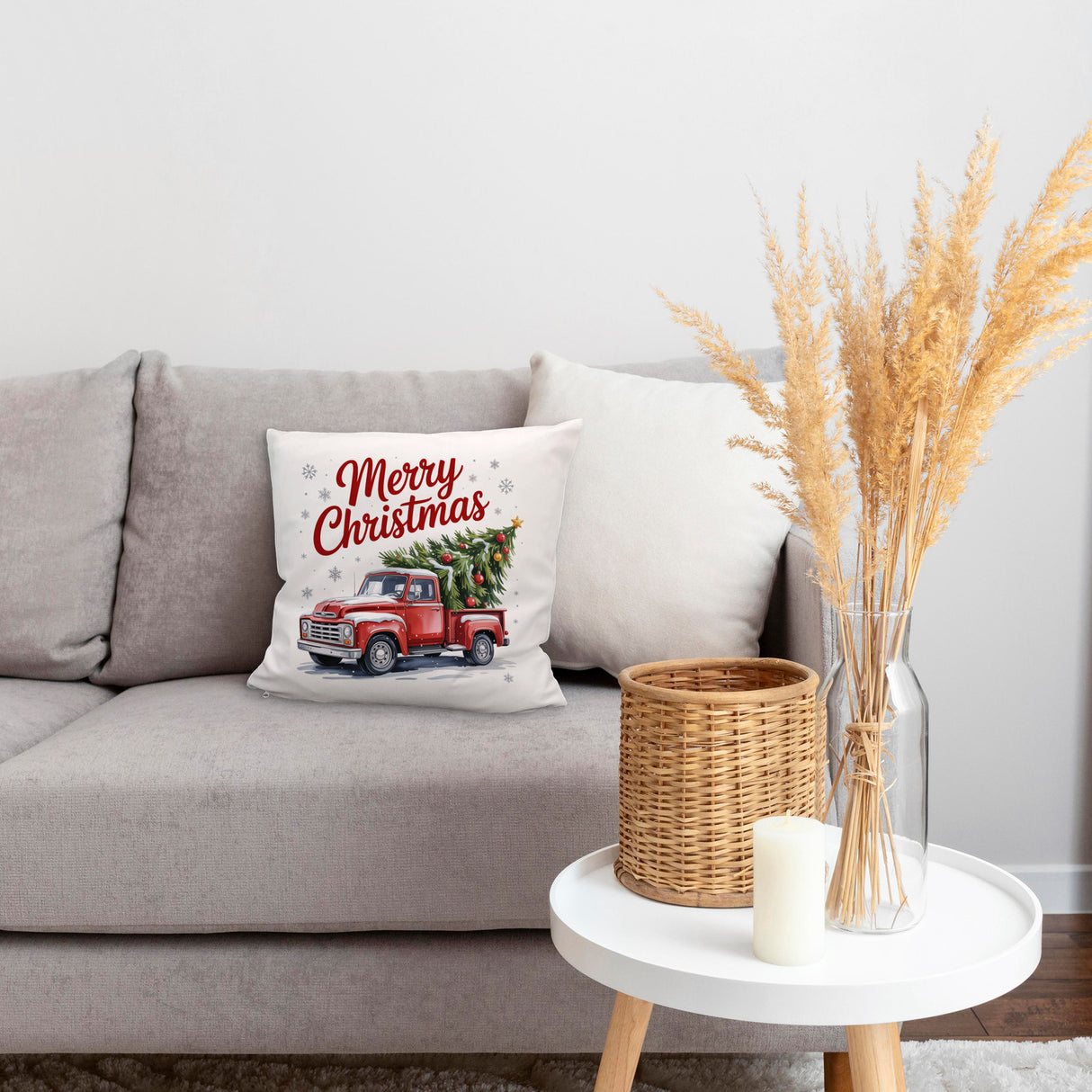 Merry Christmas Kissen mit Rotem Truck und Weihnachtsbaum