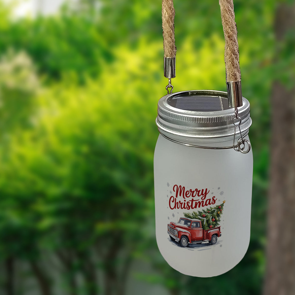 Merry Christmas Solarlicht mit Rotem Truck und Weihnachtsbaum