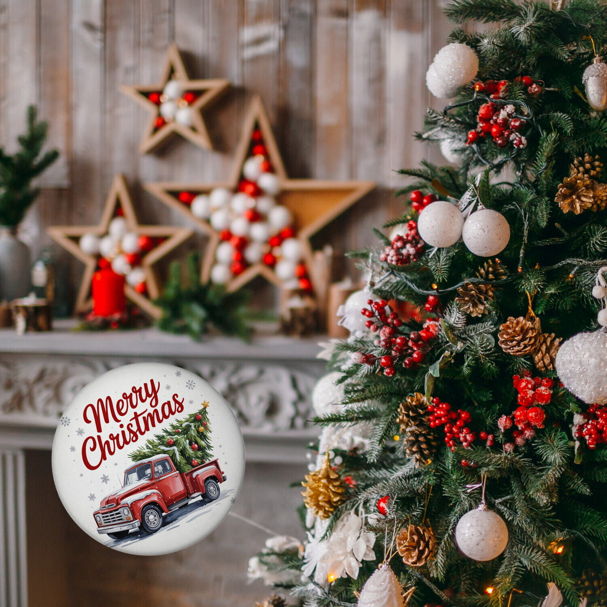 Merry Christmas Magnet mit Rotem Truck und Weihnachtsbaum