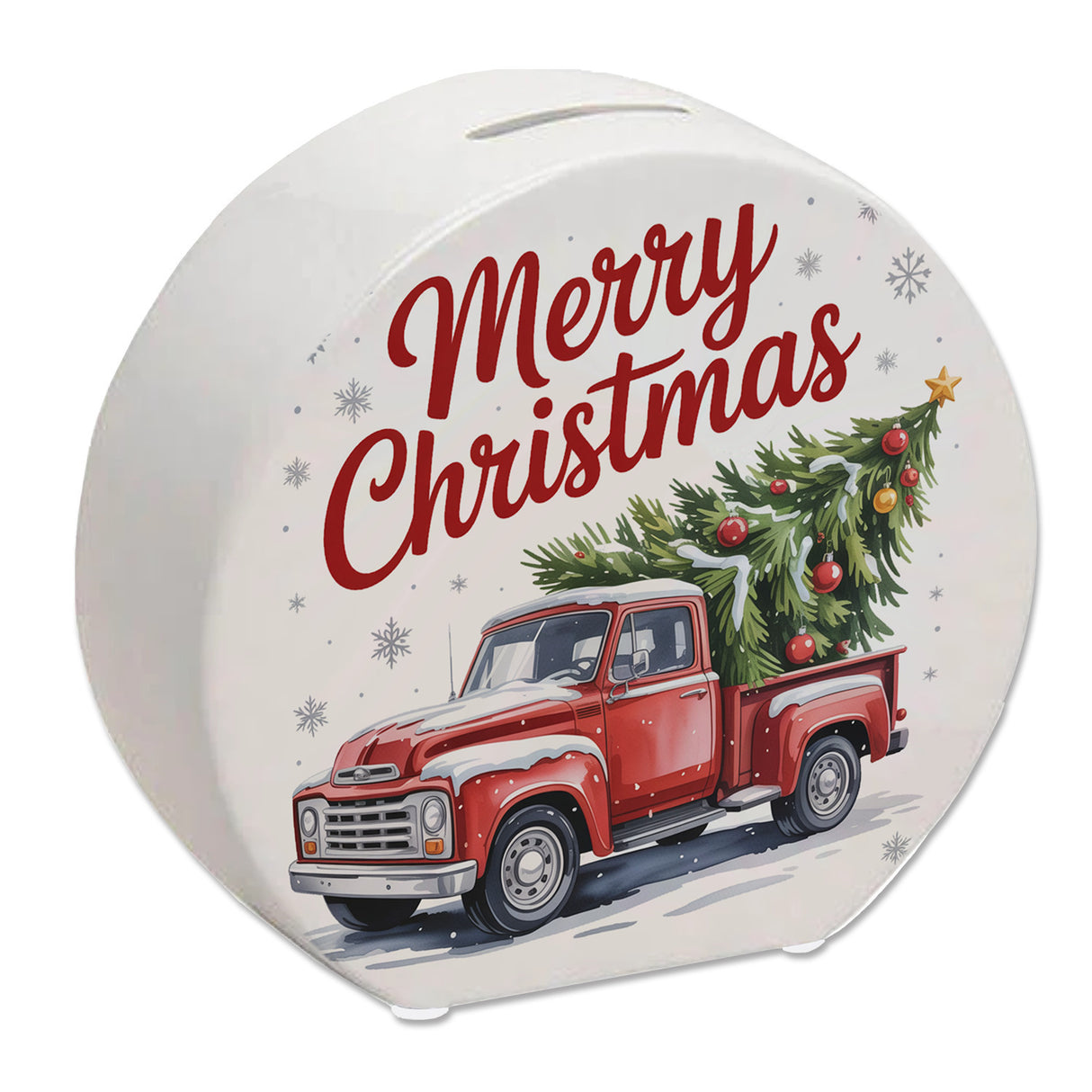 Merry Christmas Spardose mit Rotem Truck und Weihnachtsbaum