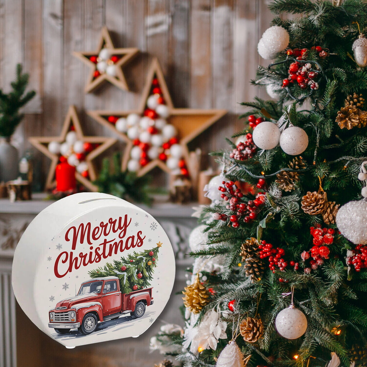 Merry Christmas Spardose mit Rotem Truck und Weihnachtsbaum
