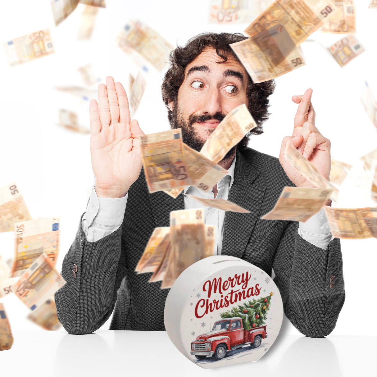 Merry Christmas Spardose mit Rotem Truck und Weihnachtsbaum