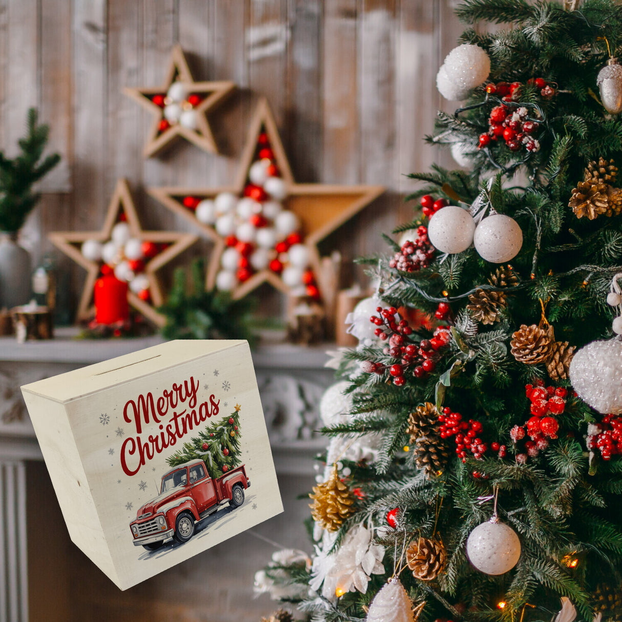 Merry Christmas Spardose mit Rotem Truck und Weihnachtsbaum