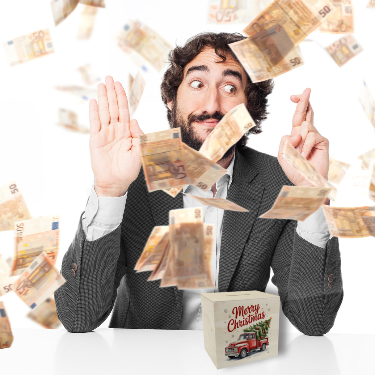 Merry Christmas Spardose mit Rotem Truck und Weihnachtsbaum