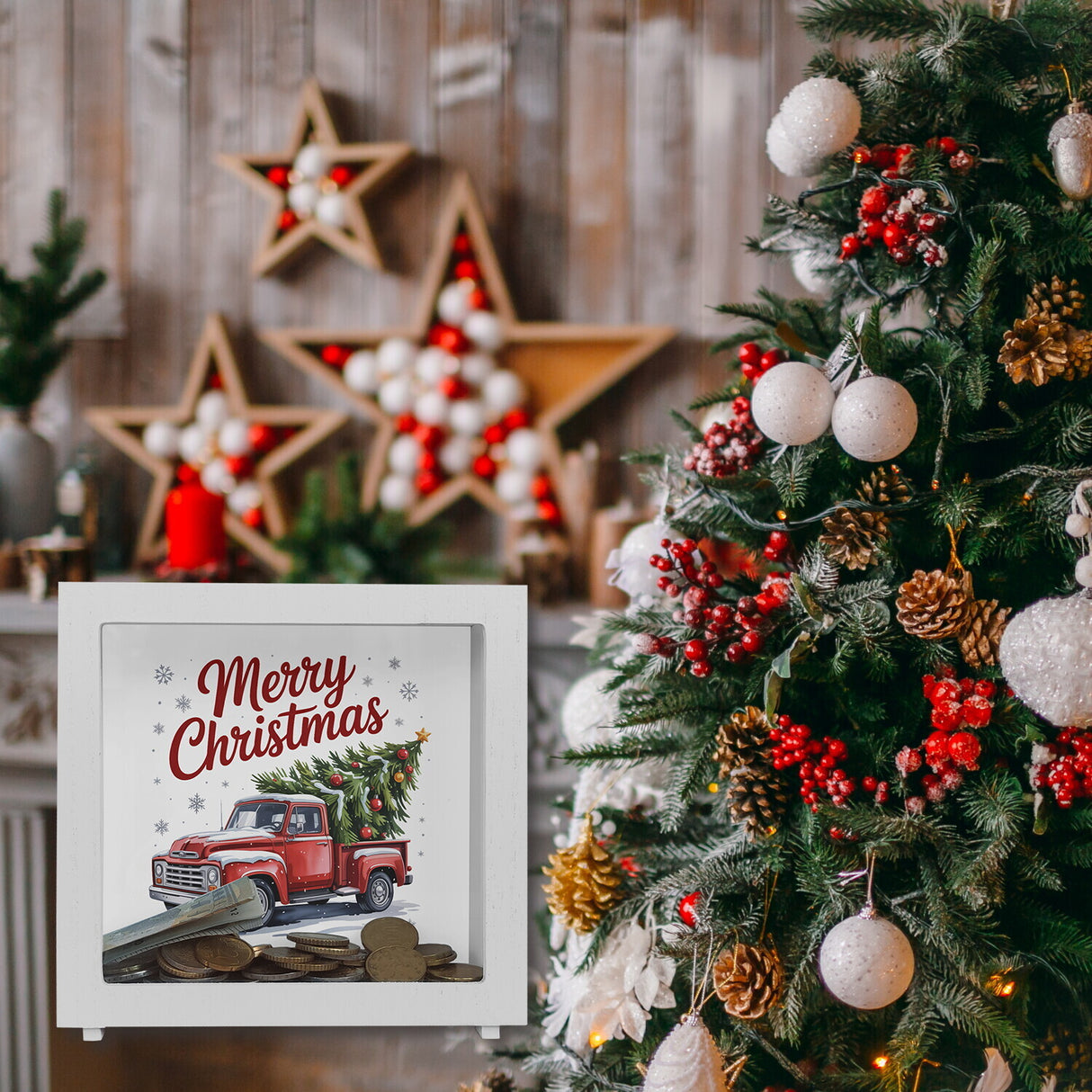 Merry Christmas Spardose mit Rotem Truck und Weihnachtsbaum