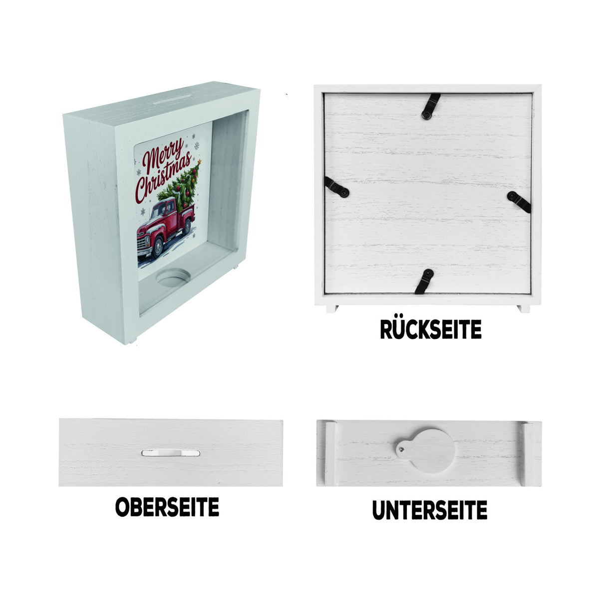 Merry Christmas Spardose mit Rotem Truck und Weihnachtsbaum