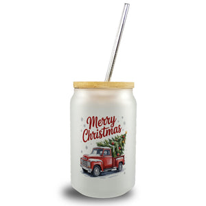Merry Christmas Trinkglas mit Bambusdeckel mit Rotem Truck und Weihnachtsbaum