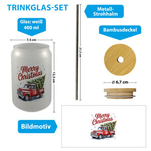 Merry Christmas Trinkglas mit Bambusdeckel mit Rotem Truck und Weihnachtsbaum