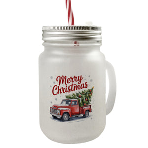 Merry Christmas Trinkglas mit Bambusdeckel mit Rotem Truck und Weihnachtsbaum