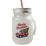 Merry Christmas Trinkglas mit Bambusdeckel mit Rotem Truck und Weihnachtsbaum