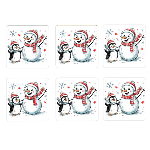 Schneemann und Pinguin mit Schneeflocken Untersetzer für Winterliebhaber