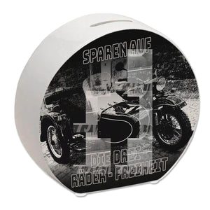 Oldtimermotorrad mit Beiwagen Spardose mit Spruch: Sparen auf die drei Räder Freiheit