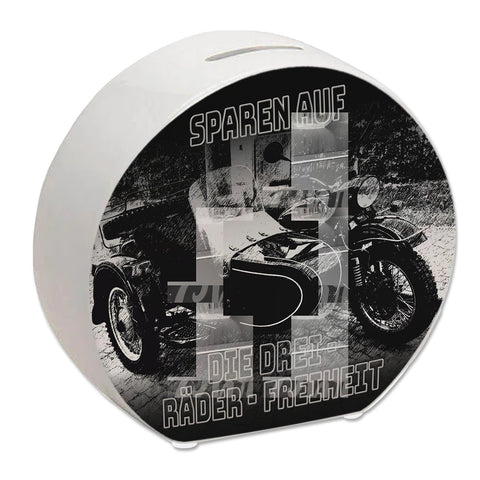 Oldtimermotorrad mit Beiwagen Spardose mit Spruch: Sparen auf die drei Räder Freiheit
