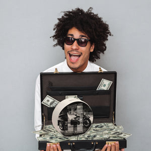 Oldtimermotorrad mit Beiwagen Spardose mit Spruch: Sparen auf die drei Räder Freiheit