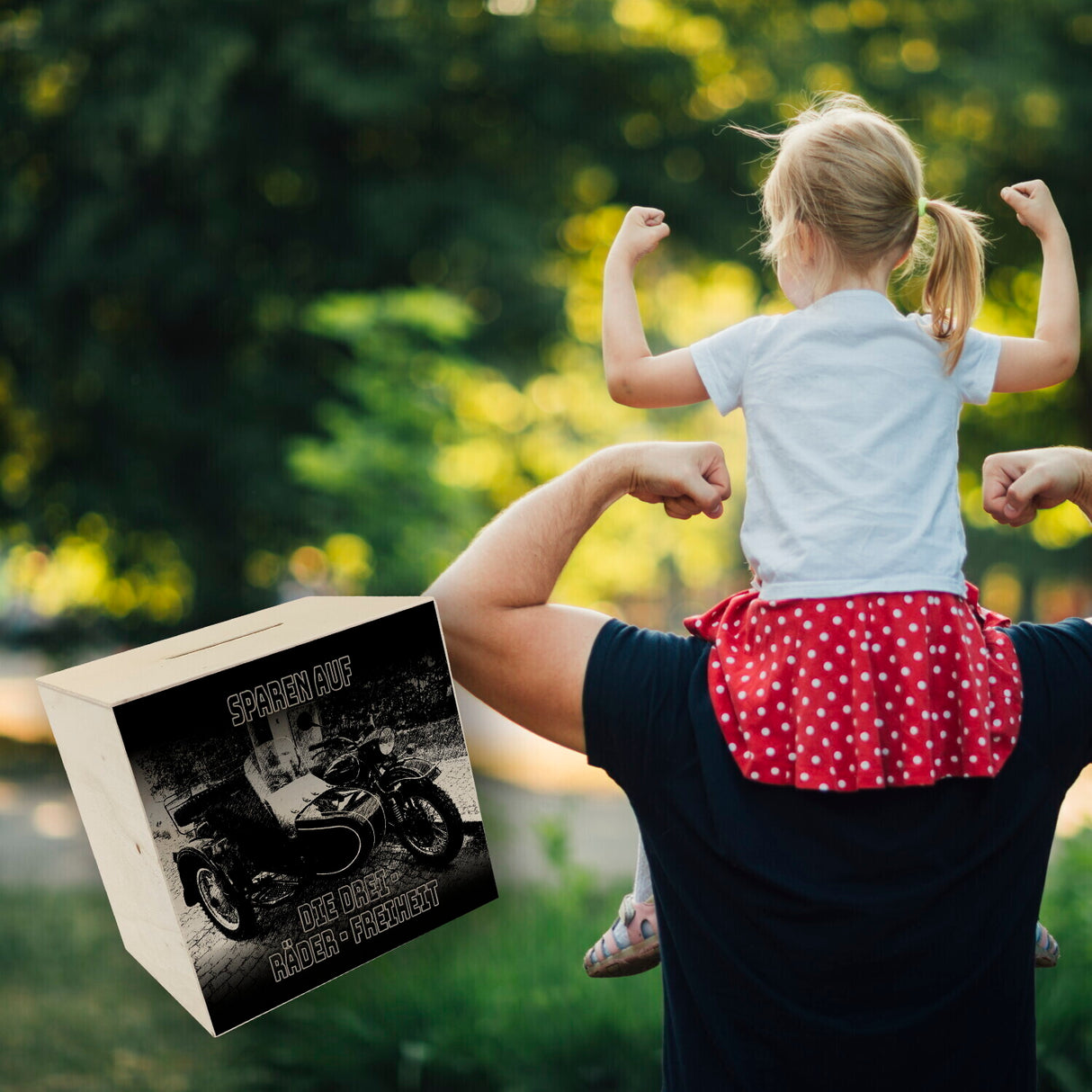 Oldtimermotorrad mit Beiwagen Spardose mit Spruch: Sparen auf die drei Räder Freiheit