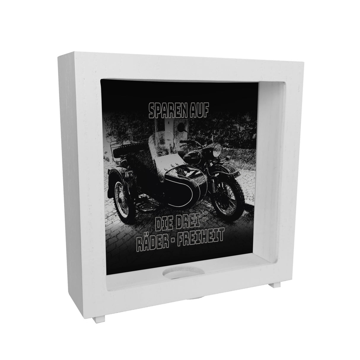 Oldtimermotorrad mit Beiwagen Spardose mit Spruch: Sparen auf die drei Räder Freiheit