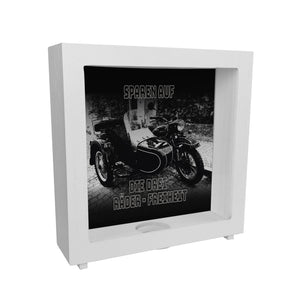 Oldtimermotorrad mit Beiwagen Spardose mit Spruch: Sparen auf die drei Räder Freiheit