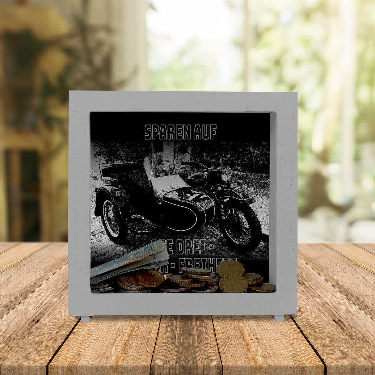 Oldtimermotorrad mit Beiwagen Spardose mit Spruch: Sparen auf die drei Räder Freiheit