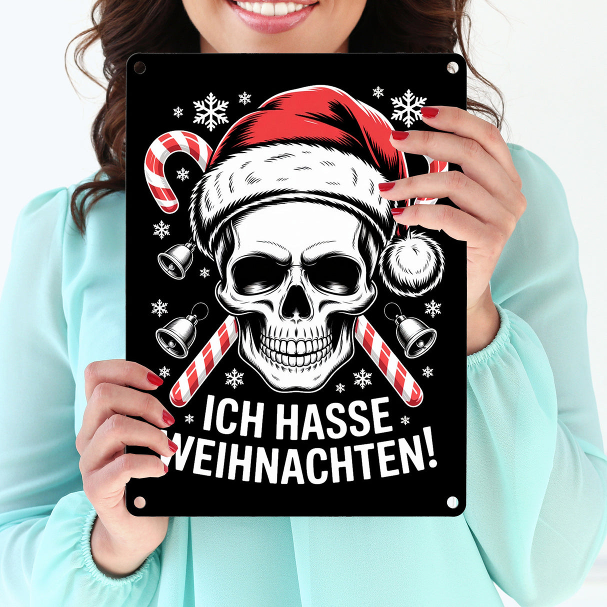 Totenkopf Weihnachtsmann Metallschild in 15x20 cm - Ich hasse Weihnachten