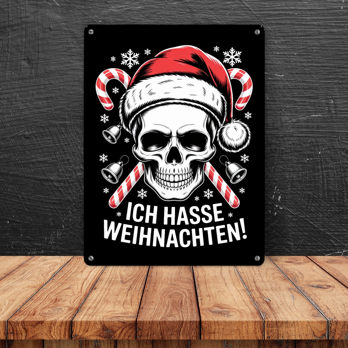 Totenkopf Weihnachtsmann Metallschild in 15x20 cm - Ich hasse Weihnachten