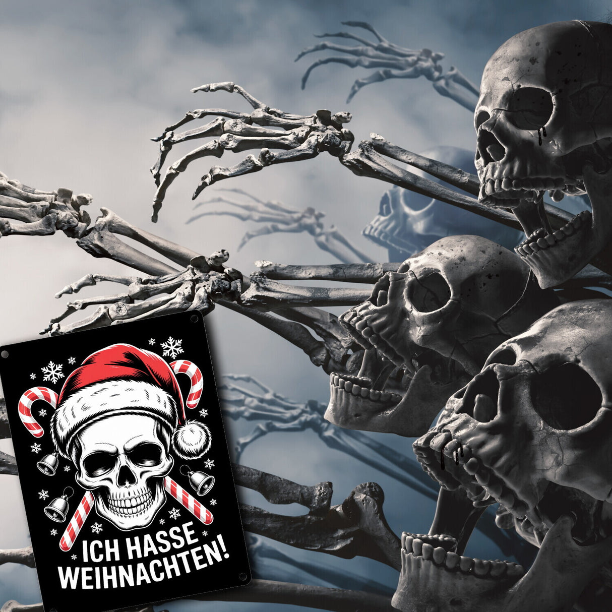 Totenkopf Weihnachtsmann Metallschild in 15x20 cm - Ich hasse Weihnachten