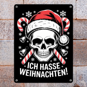 Totenkopf Weihnachtsmann Metallschild in 15x20 cm - Ich hasse Weihnachten