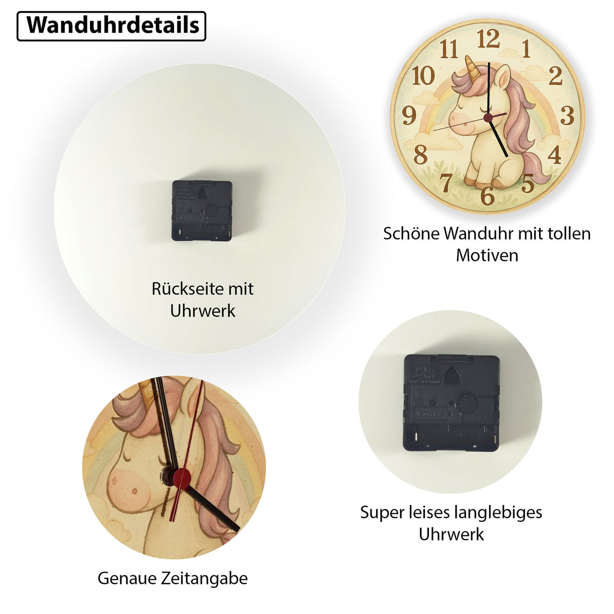 Cartoon Einhorn mit Regenbogen Wanduhr