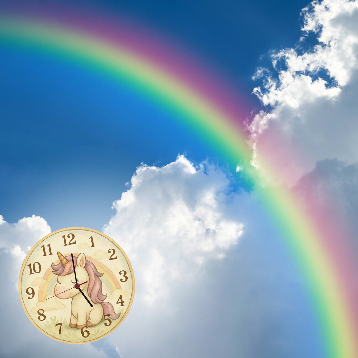 Cartoon Einhorn mit Regenbogen Wanduhr