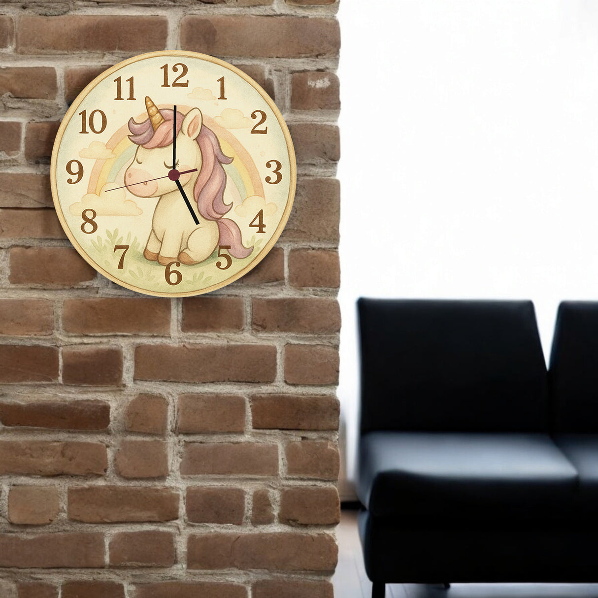 Cartoon Einhorn mit Regenbogen Wanduhr